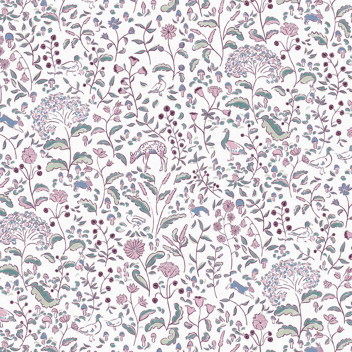 Ruby Burgundy custom curtain fabric featuring whimsical woodland creatures and floral motifs for charming, elegant spaces.