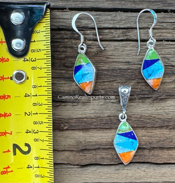 Sterling Silver Set Multi Stone Inlay Pendant and Earrings STSPE004