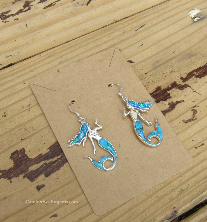 Sterling Silver Turquoise and Opal Inlay Mermaid Earrings STER034