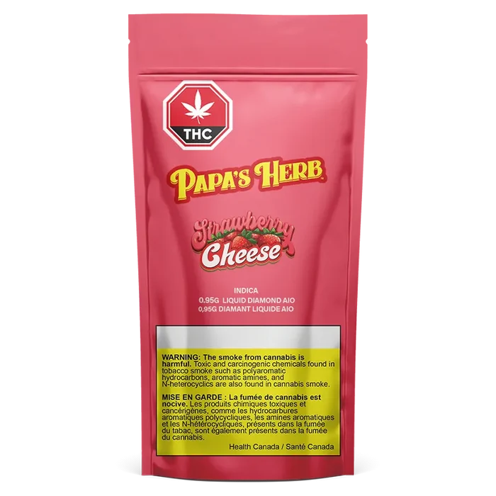 Front-facing shot of a pink pouch labeled Strawberry Cheesecake Liquid Diamond Disposable Vape with bold "Papa's Herb" logo.