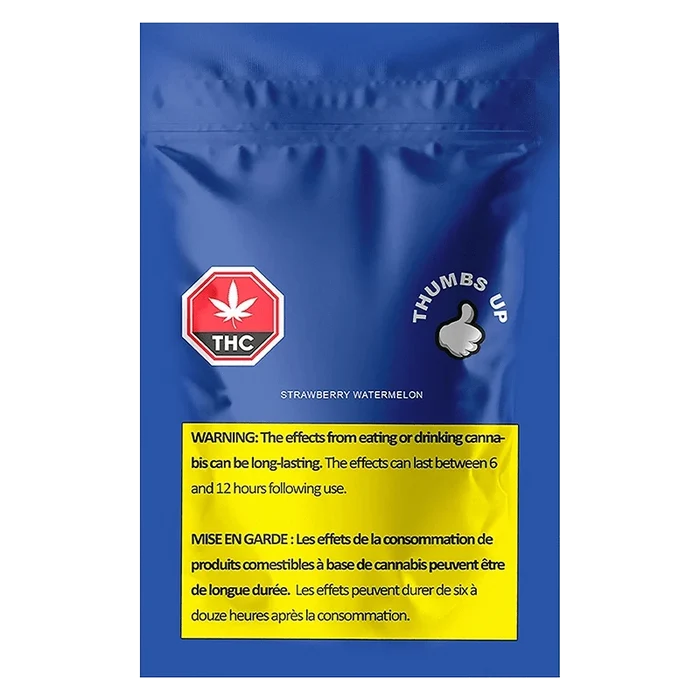 Front-facing shot of the Strawberry Watermelon Gummies pouch showing a blue resealable bag with THC and thumbs-up icons and a yellow warning panel.