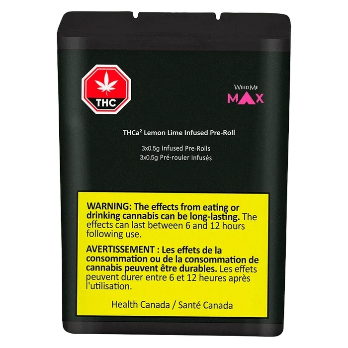 Front-facing pouch shot of THCa2 Lemon Lime Infused PR 3 x 0.5 g showing black packaging, red THC symbol, and a prominent yellow warning panel.