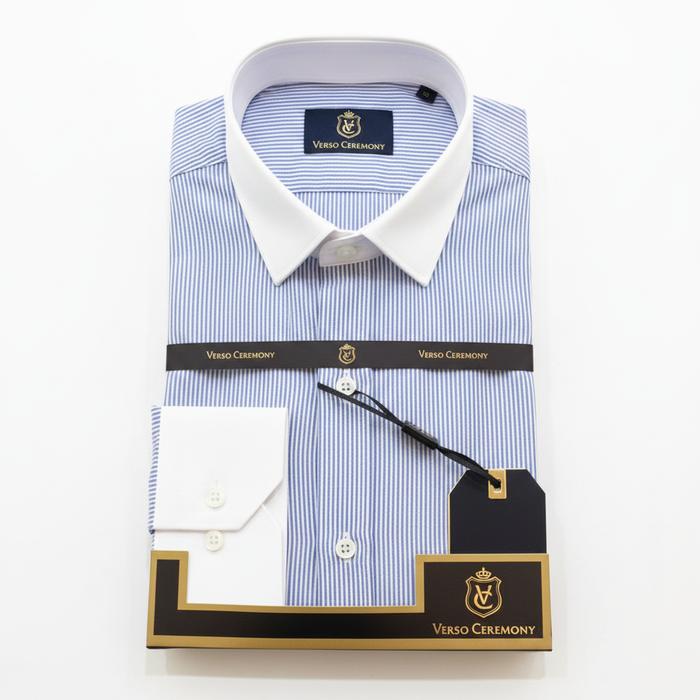 Verso Ceremony Blue Stripe Shirt - White Background