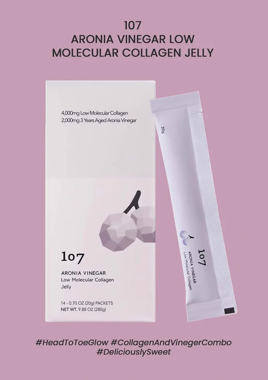 107 Aronia Vinegar Low Molecular Collagen Jelly packaging and jelly stick on a pink background