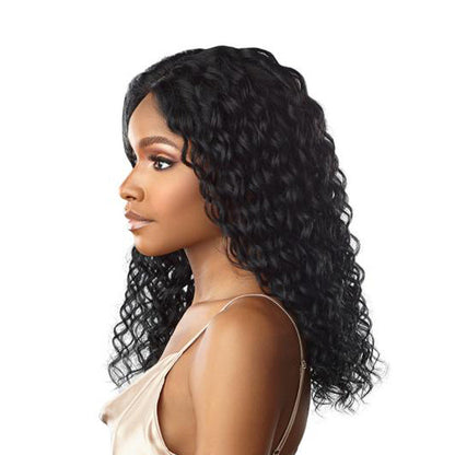 SENSATIONNEL shoulder length deep wave black wig on model showing natural hairline virgin human hair lace wig