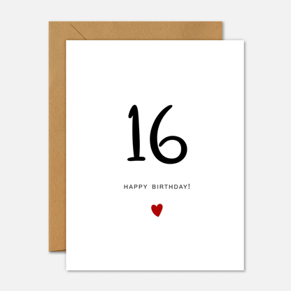 16th Birthday Card - Milestone Birthday Handwriting Red Heart - Footnotes Paper