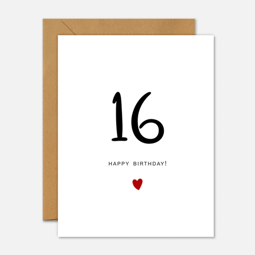 16th Birthday Card - Milestone Birthday Handwriting Red Heart - Footnotes Paper