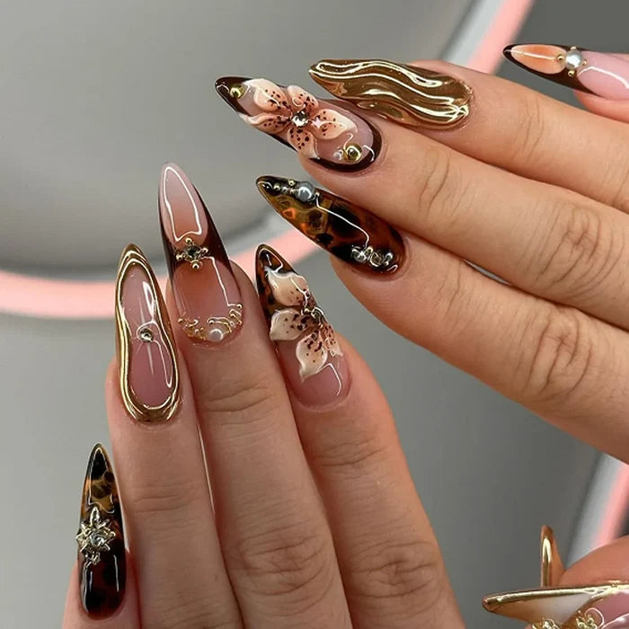 24Pcs Simple Dark Green Long 3D Press on Almond False Nails Wearable Finished Fingernails Nail Art