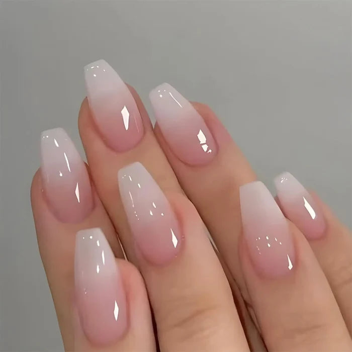 24pcs Upgrade Your Look With White gradient almond false nails 1pc Nail File & 1Nail Glue Sticker Kit Nails