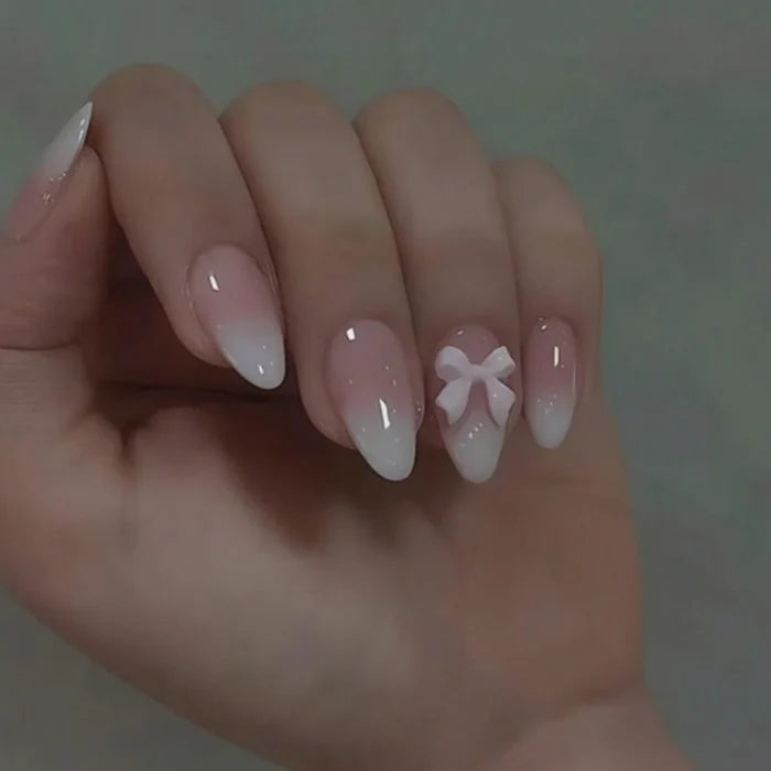 24pcs Upgrade Your Look With White gradient almond false nails 1pc Nail File & 1Nail Glue Sticker Kit Nails