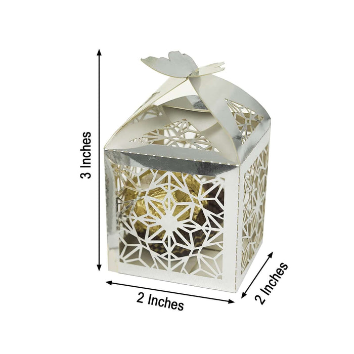 Decorative silver gift box with intricate cutout design, 3x2 inches.
