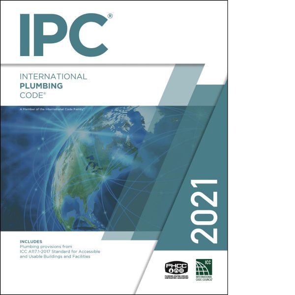 2021 International Plumbing Code book cover with Earth image and blue geometric overlay for commercial plumbing standards