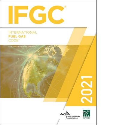 2021 edition International Fuel Gas Code book cover with yellow and white design featuring Earth and network connection lines