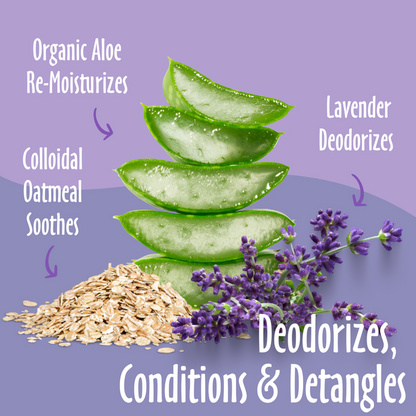 Deodorizes, Conditions & Detangles elements like Lavender, Organic Aloe, and Oatmeal, and their benefits.
