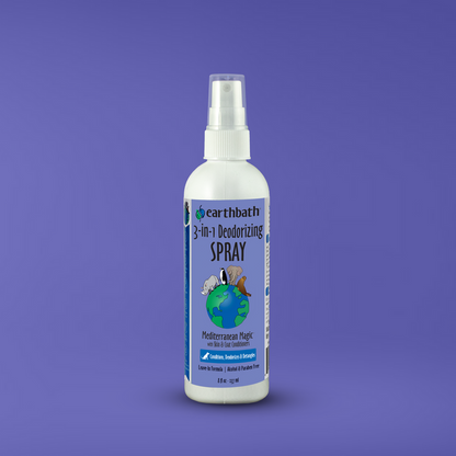 Earthbath 3-in-1 Deodorizing Spray bottle on a purple background