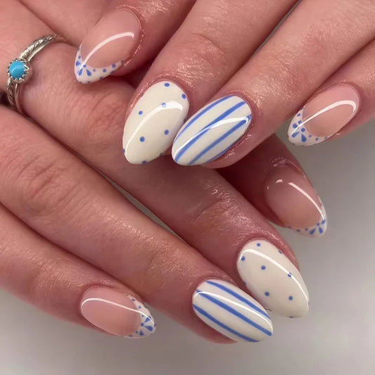 30Pcs French Oval Press On Nails With Classic Blue Gingham And Polka Dot Design For Women