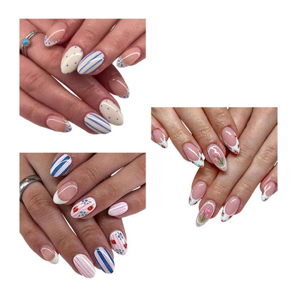 30Pcs French Oval Press On Nails With Classic Blue Gingham And Polka Dot Design For Women