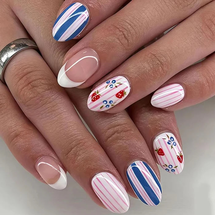 30Pcs French Oval Press On Nails With Classic Blue Gingham And Polka Dot Design For Women