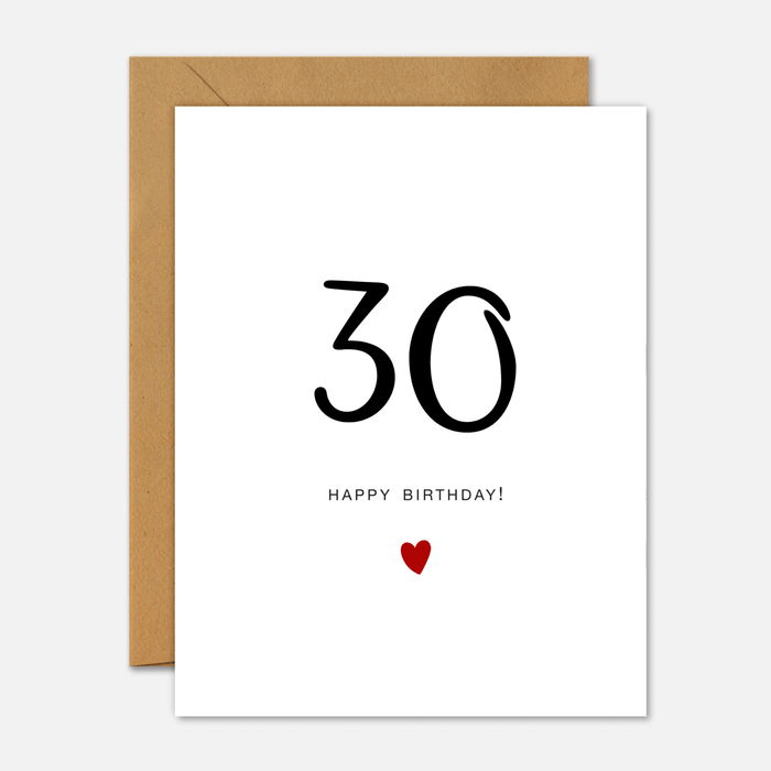 30th Birthday Card - Milestone Birthday Handwriting Red Heart - Footnotes Paper