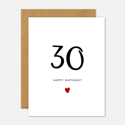 30th Birthday Card - Milestone Birthday Handwriting Red Heart - Footnotes Paper