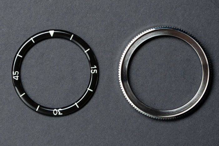 40mm Black diver bezel bundle - 37.4mm Black DWC Retro- Dome Acrylic Bezel Insert and 40mm coin edge bezel
diy watch club bezel insert bundle