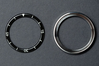 40mm Black diver bezel bundle - 37.4mm Black DWC Retro- Dome Acrylic Bezel Insert and 40mm coin edge bezel
diy watch club bezel insert bundle