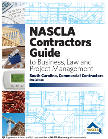 Cover of NASCLA Contractors Guide 8th Edition for South Carolina commercial contractors with construction tools and blueprints background