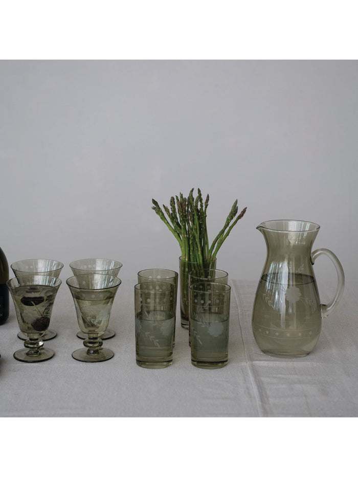54 oz. Green Glass Pitcher w/ Etched Botanicals - Pick Up Only