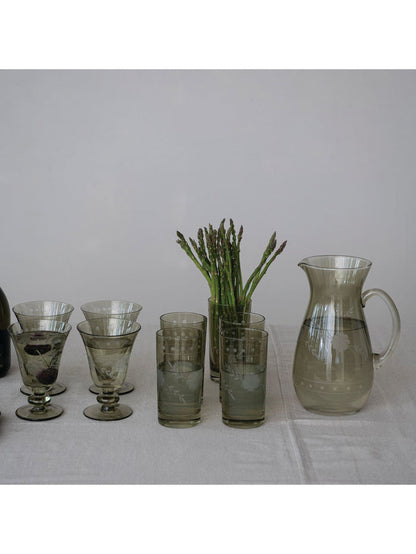 54 oz. Green Glass Pitcher w/ Etched Botanicals - Pick Up Only