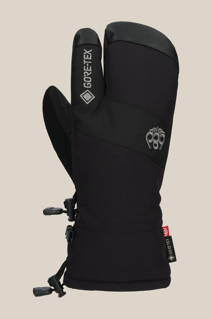 The 686 Men's GORE-TEX Linear Trigger Mitt, a black three-finger men‚Äôs mitt with GORE-TEX branding, embroidered logo, and adjustable PU wrist straps, is displayed upright against a plain beige background.