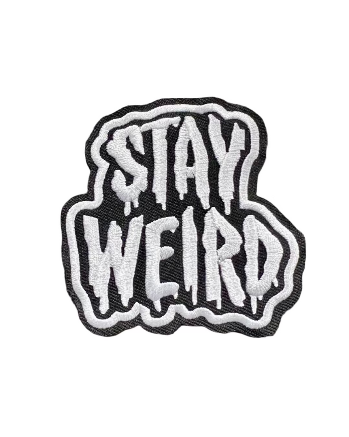 Stay Weird white and black embroidered iron on patch sold by Le Monkey House