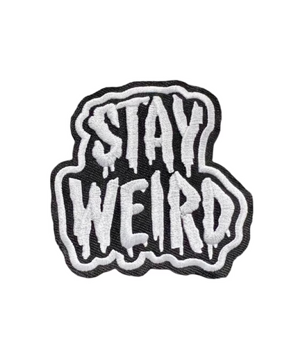 Stay Weird white and black embroidered iron on patch sold by Le Monkey House