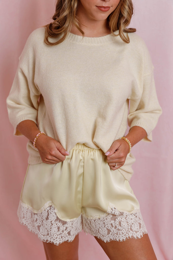 Satin Lace Trim Mini Shorts- Women's Lace Satin Boxer Shorts- Emory Park