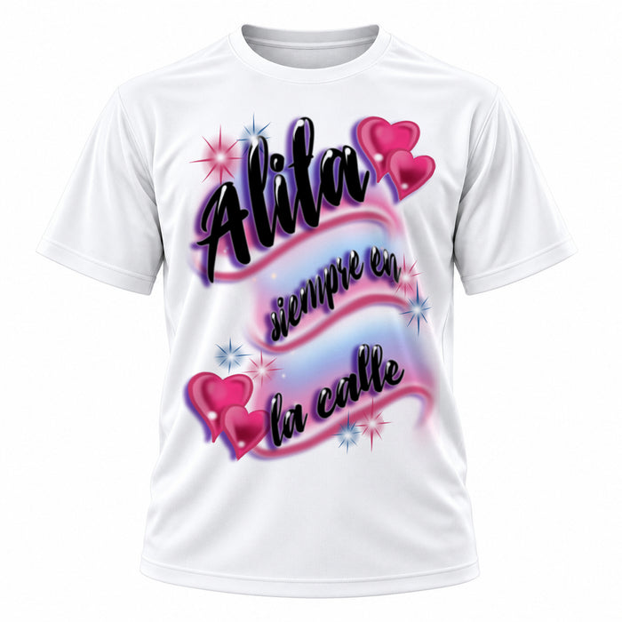 Personalized Hearts Name T-Shirt, front-view T-shirt mockup featuring custom Air-Volution artwork by Mythic Airbrush