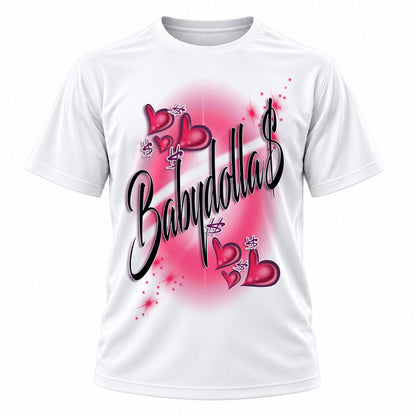 Personalized Heart Lettering T-Shirt, front-view T-shirt mockup featuring custom Air-Volution artwork by Mythic Airbrush