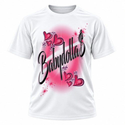 Personalized Heart Lettering T-Shirt, front-view T-shirt mockup featuring custom Air-Volution artwork by Mythic Airbrush