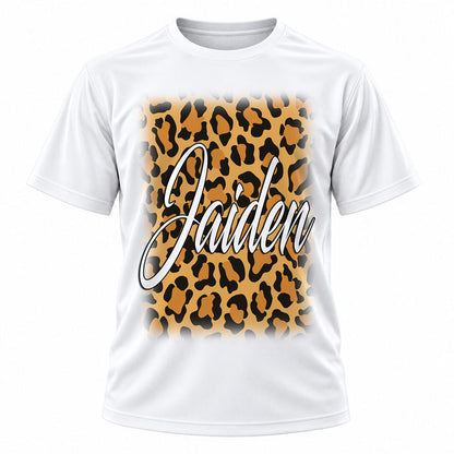 Personalized Cheetah Name T-Shirt, front-view T-shirt mockup featuring custom Air-Volution artwork by Mythic Airbrush