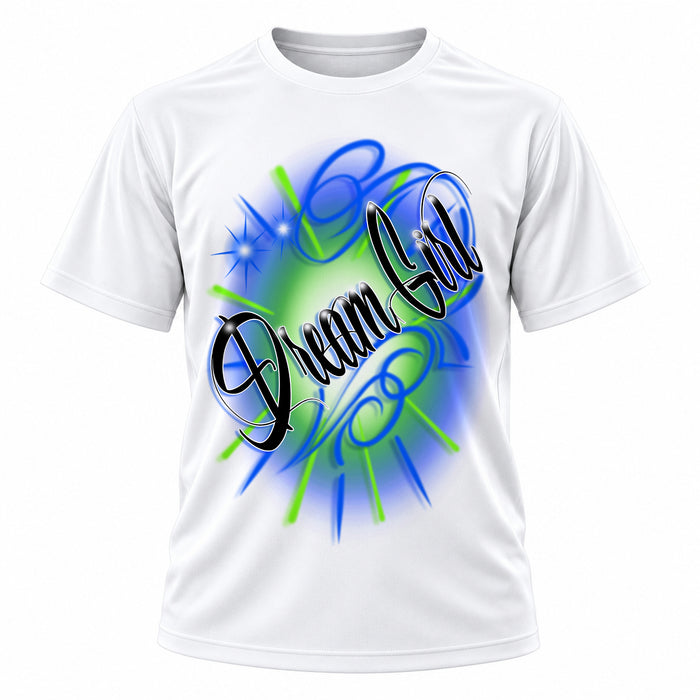 Personalized Name Artwork T-Shirt, front-view T-shirt mockup featuring custom Air-Volution artwork by Mythic Airbrush