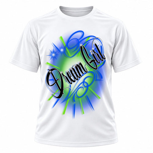 Personalized Name Artwork T-Shirt, front-view T-shirt mockup featuring custom Air-Volution artwork by Mythic Airbrush