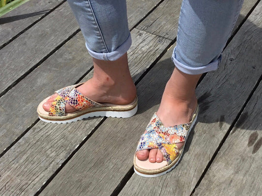 Aerobics are quality European women's sandals and slides. Soft leather with crossover detail in camel. Espadrille detail around the sole unit.