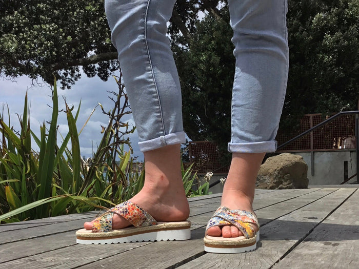 Aerobics are quality European women's sandals and slides. Soft leather with crossover detail in camel. Espadrille detail around the sole unit.