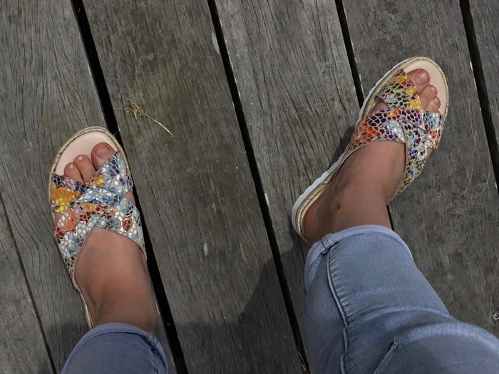 Aerobics are quality European women's sandals and slides. Soft leather with crossover detail in camel. Espadrille detail around the sole unit.