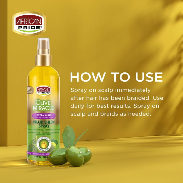 AFRICAN PRIDE Olive Miracle braid sheen bottle with fresh olives and usage instructions olive braid sheen spray for braids