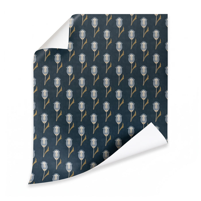 Annabelle Midnight wallpaper in navy with blue and gold floral pattern made to order, manufactured in USA, short lead times