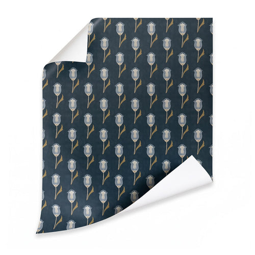Annabelle Midnight wallpaper in navy with blue and gold floral pattern made to order, manufactured in USA, short lead times