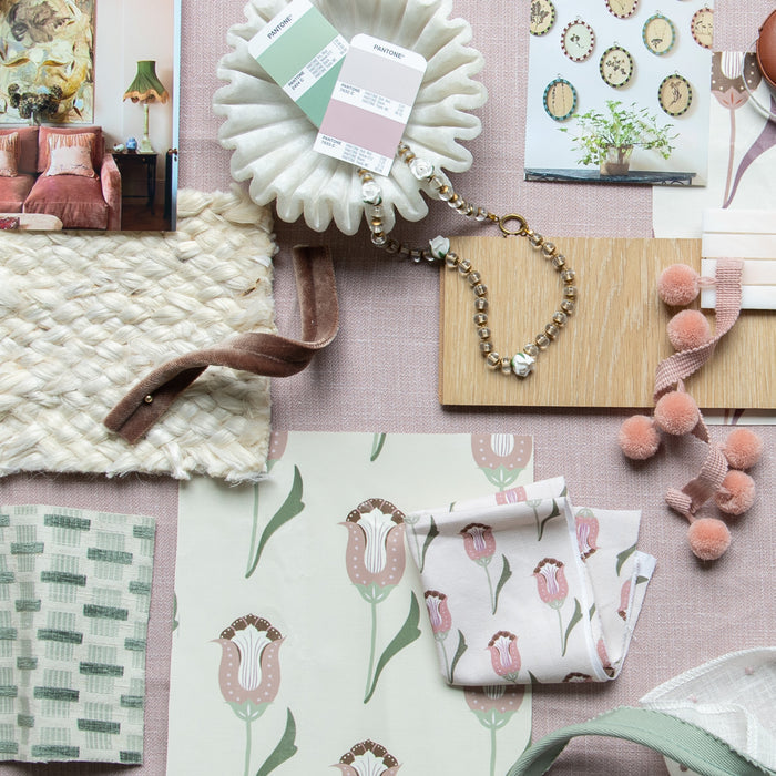Annabelle Orchid curtain fabric swatches in soft botanical tones, made to order in the USA with short lead times