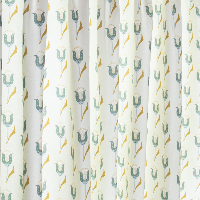 close up of abstract floral blue printed cotton fabric