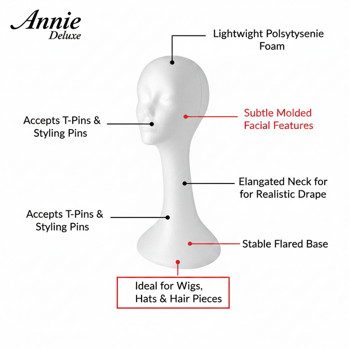 Annie Deluxe Foam Head Wig Display 19 Inch, 1 Count, White