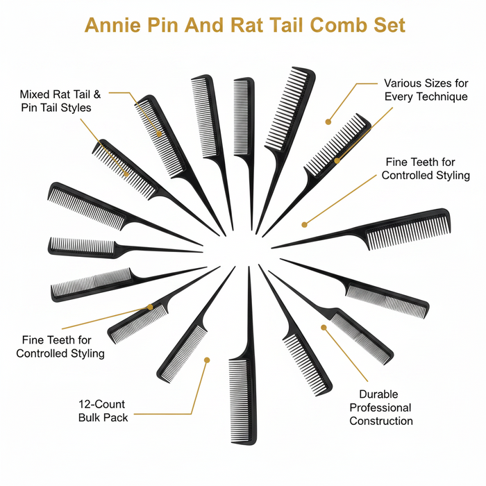 Annie Pin And Rat Tail Comb Set, 12 Count, Black