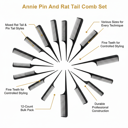 Annie Pin And Rat Tail Comb Set, 12 Count, Black